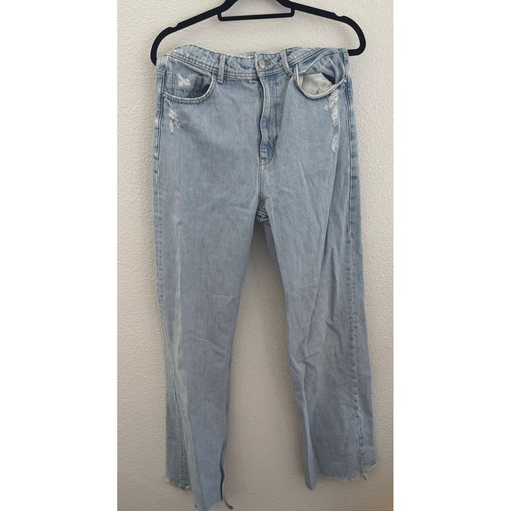 ZARA Light Wash Distressed High Rise Straight Leg Denim Jeans
